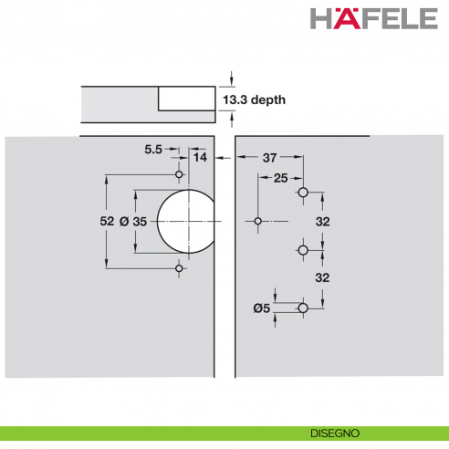 Cerniera Hafele Aximat per mobile da ufficio montaggio ad angolo foro diametro 35 mm - disegno