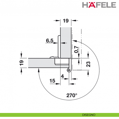 Cerniera Hafele Aximat 300 per mobile da ufficio montaggio ad angolo foro diametro 35 mm - disegno