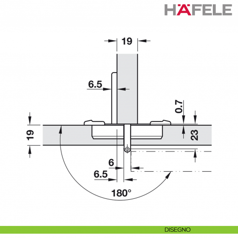 Cerniera Hafele Aximat 300 per mobile da ufficio montaggio doppio foro diametro 35 mm - disegno