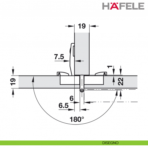 Cerniera per mobile da ufficio Hafele Aximat 100 SM per montaggio doppio foro diametro 35 mm - disegno