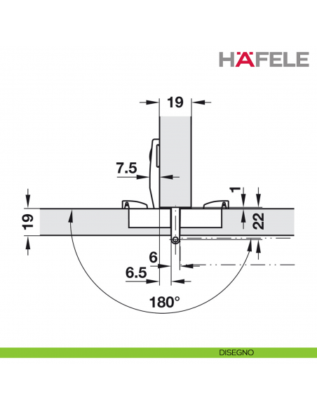 Cerniera per mobile da ufficio Hafele Aximat 100 SM per montaggio doppio foro diametro 35 mm - disegno