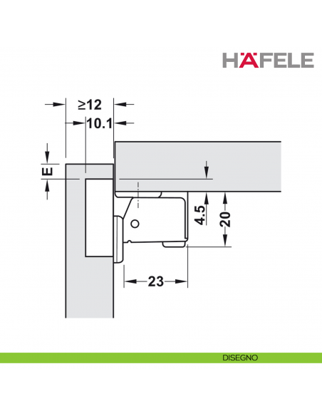 Cerniera a braccio corto Hafele per ante sottili per camper e caravan apertura 95 gradi - disegno