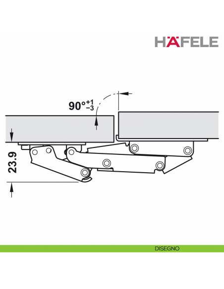 Cerniera Hafele CH 300 per anta a ribalta fino a 2,1 kg per caravan apertura 90 gradi con ammortizzatore - disegno