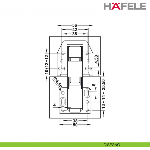 Cerniera Hafele CH 300 per anta a ribalta fino a 2,1 kg per caravan apertura 90 gradi con ammortizzatore - disegno