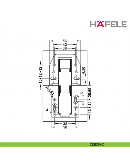 Cerniera Hafele CH 300 per anta a ribalta fino a 2,1 kg per caravan apertura 90 gradi con ammortizzatore - disegno