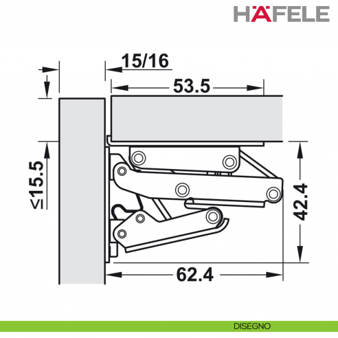 Cerniera Hafele CH 300 per anta a ribalta fino a 2,1 kg per caravan apertura 90 gradi con ammortizzatore - disegno