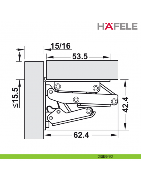 Cerniera Hafele CH 300 per anta a ribalta fino a 2,1 kg per caravan apertura 90 gradi con ammortizzatore - disegno