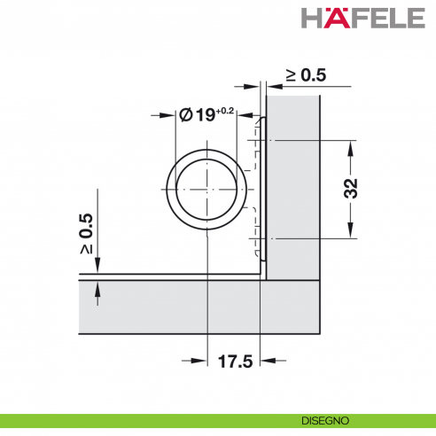 Cerniera per ante in cristallo Hafele Claronda rotonda angolo d'apertura 105° montaggio a filo - disegno
