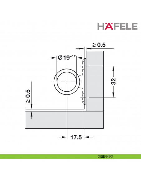 Cerniera per ante in cristallo Hafele Claronda rotonda angolo d'apertura 105° montaggio a filo - disegno