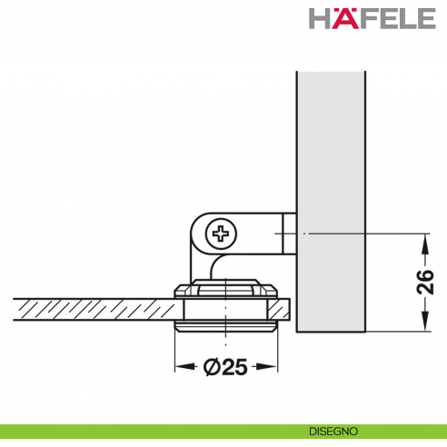 Cerniera per ante in cristallo Hafele Claronda rotonda angolo d'apertura 105° montaggio a filo - disegno