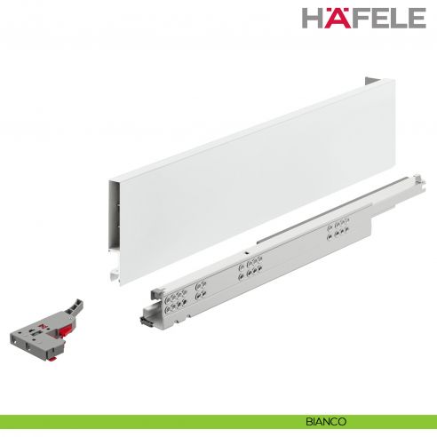 Kit cassetto Push To Open Hafele Matrix Box Slim A portata 30 kg altezza spondina 89 mm uscita totale Syncro 3D - bianco
