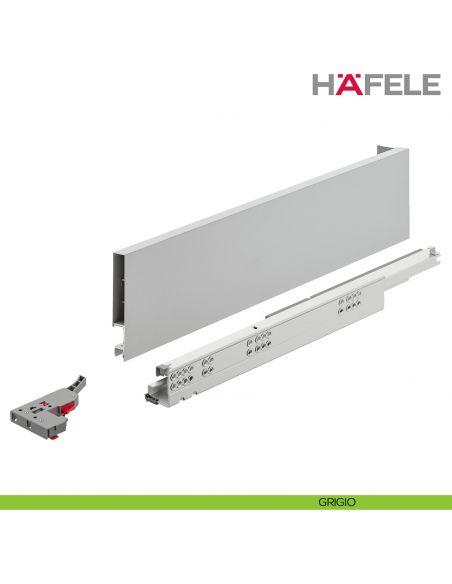 Kit cassetto Push To Open Hafele Matrix Box Slim A portata 30 kg altezza spondina 89 mm uscita totale Syncro 3D - grigio