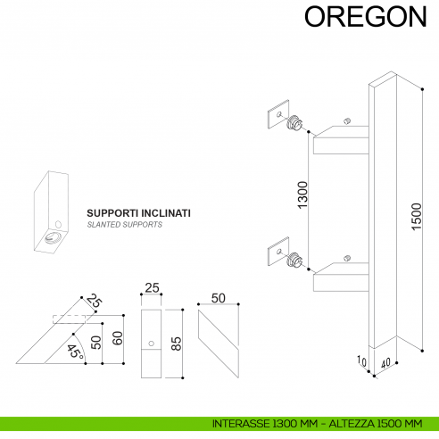 Maniglione squadrato inclinato in acciaio per porta 40x10 mm Oregon Fimet Inox disegno interasse 1300 mm altezza 1500 mm