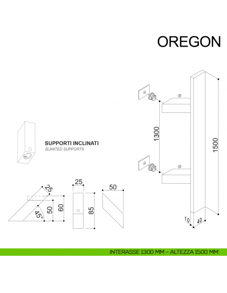Maniglione squadrato inclinato in acciaio per porta 40x10 mm Oregon Fimet Inox disegno interasse 1300 mm altezza 1500 mm