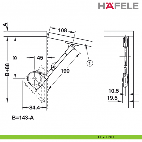 Supporto per anta a ribalta in legno verso l'alto Hafele con snodo angolo di apertura 90° - disegno