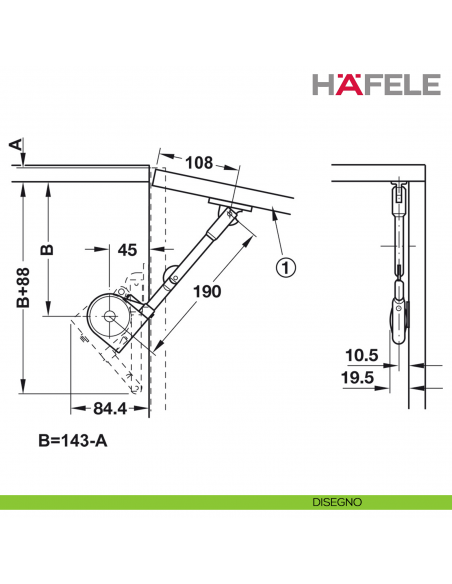 Supporto per anta a ribalta in legno verso l'alto Hafele con snodo angolo di apertura 90° - disegno