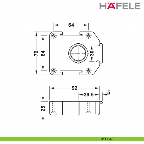 Piastra di montaggio per sistema per zoccoli Hafele Axilo 78 rettangolare da avvitare - disegno