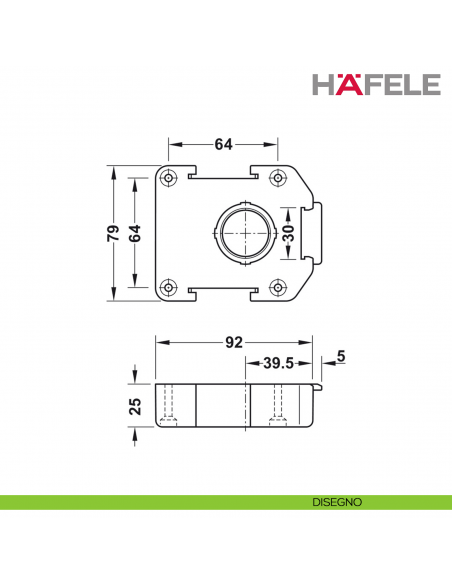 Piastra di montaggio per sistema per zoccoli Hafele Axilo 78 rettangolare da avvitare - disegno