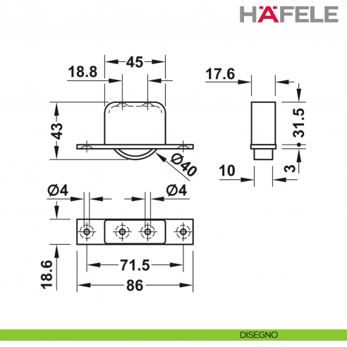 Ruota per mobili da incassare Hafele fissaggio a vite per spessore legno minimo 22 mm - disegno