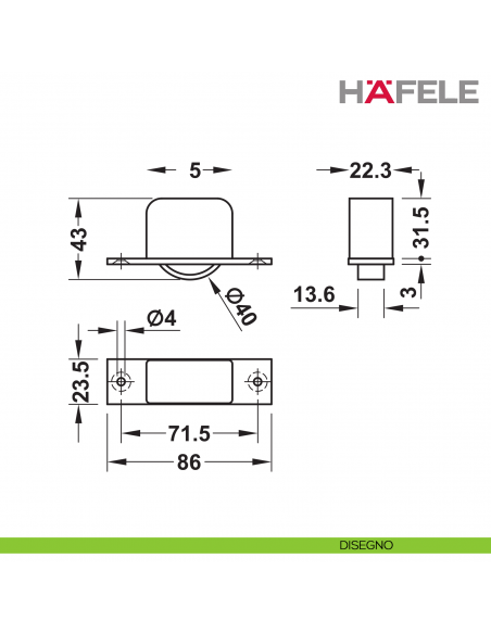 Ruota per mobili da incassare Hafele fissaggio a vite per spessore legno minimo 28 mm - disegno