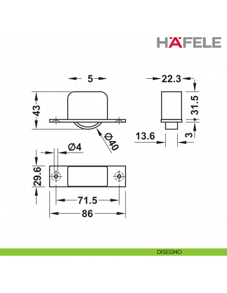 Ruota per mobili da incassare Hafele fissaggio a vite per spessore legno minimo 34 mm - disegno