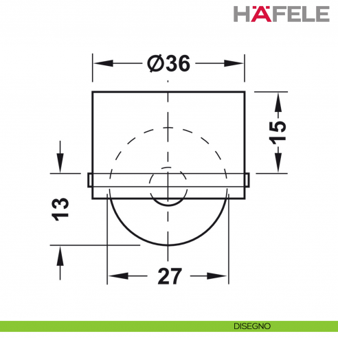 Ruota da incasso per mobili Hafele diametro 36 mm portata 50 kg superficie di scorrimento morbida - disegno