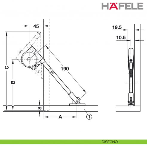Fermo per piano ribaltabile in legno verso il basso Hafele con effetto frenante - disegno