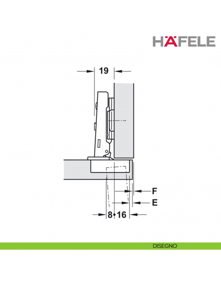 Cerniera Hafele Metalla 310 A/SM apertura 95 gradi montaggio angolo spessore fino a 26 mm ammortizzata - disegno