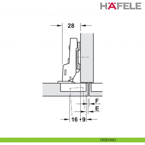 Cerniera Hafele Metalla 310 A/SM apertura 95 gradi montaggio intermedio/doppio spessore fino a 26 mm ammortizzata - disegno