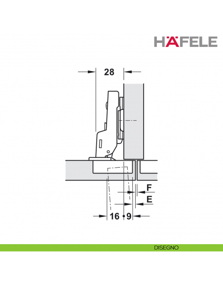 Cerniera Hafele Metalla 310 A/SM apertura 95 gradi montaggio intermedio/doppio spessore fino a 26 mm ammortizzata - disegno