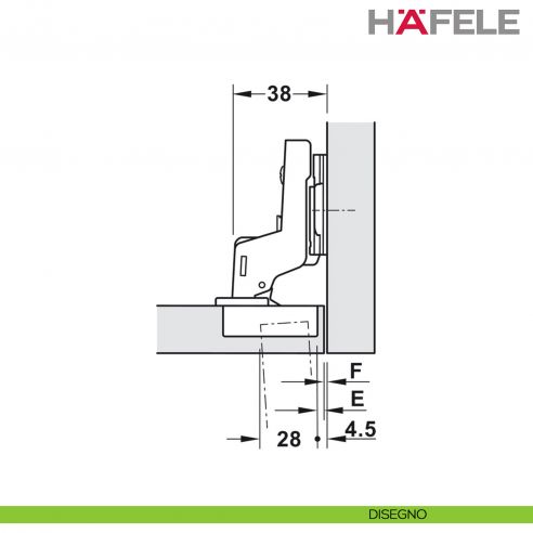 Cerniera Hafele Metalla 310 A/SM apertura 95 gradi montaggio a filo spessore fino a 26 mm ammortizzata - disegno