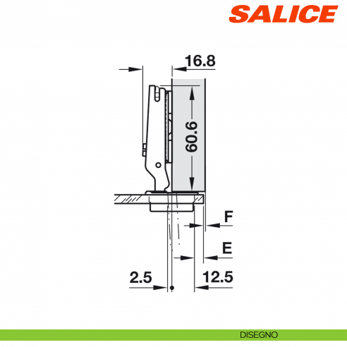 Cerniera per anta in vetro Salice C2C7A39 apertura 94° collo 0 chiusura automatica - disegno