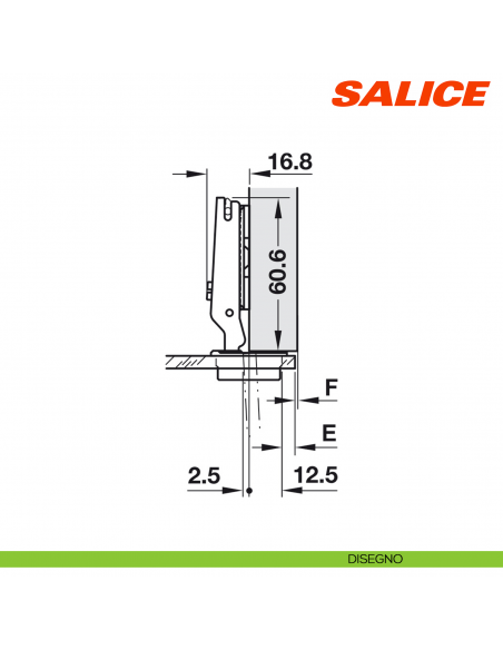 Cerniera per anta in vetro Salice C2C7A39 apertura 94° collo 0 chiusura automatica - disegno