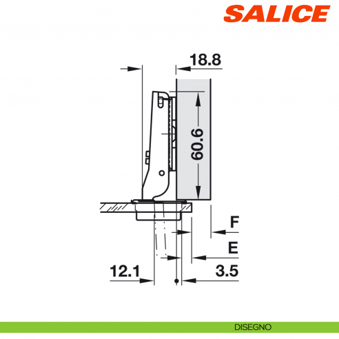 Cerniera per anta in vetro Salice C2C7G39 apertura 94° collo 9 chiusura automatica - disegno