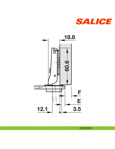 Cerniera per anta in vetro Salice C2C7G39 apertura 94° collo 9 chiusura automatica - disegno