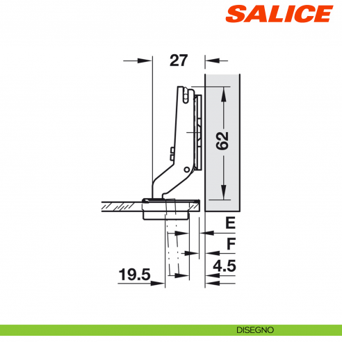 Cerniera per anta in vetro Salice C2C7P39 apertura 94° collo 17 chiusura automatica - disegno