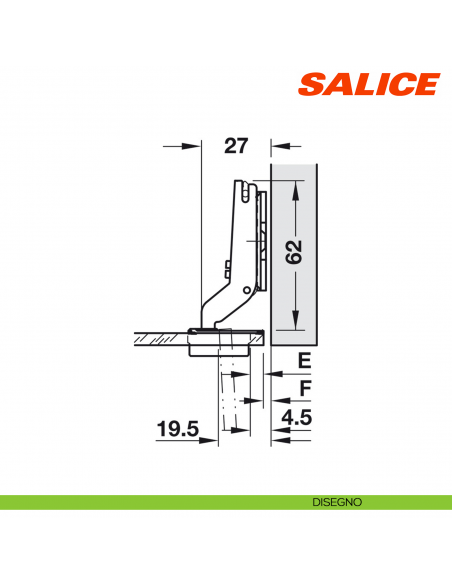 Cerniera per anta in vetro Salice C2C7P39 apertura 94° collo 17 chiusura automatica - disegno