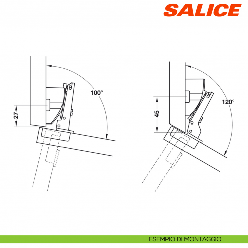 Base inclinabile da +10 a +30 gradi per applicazioni angolari Salice B2V3BW9S - disegno esempio di montaggio