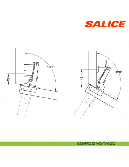 Base inclinabile da +10 a +30 gradi per applicazioni angolari Salice B2V3BW9S - disegno esempio di montaggio