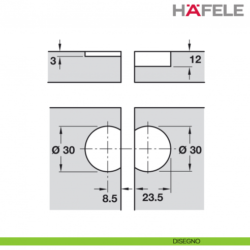 Cerniera per ante a ribalta in legno Hafele Plano-Medial angolo di apertura 90 gradi - disegno