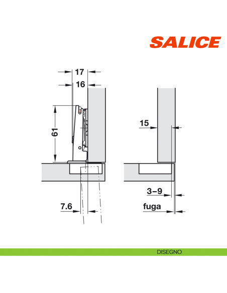 Cerniera Salice C2ABAE9 Silentia+ apertura 94 gradi collo 0 forti spessori ammortizzata - disegno