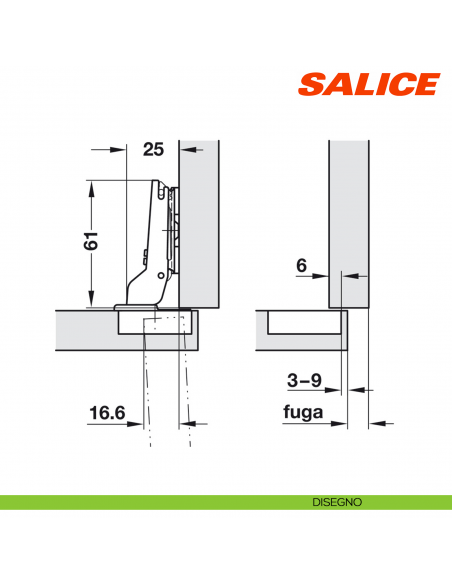 Cerniera Salice C2ABGE9 Silentia+ apertura 94 gradi collo 9 forti spessori ammortizzata - disegno