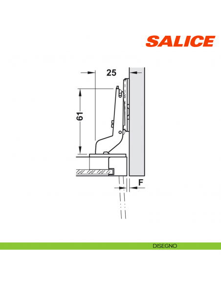 Cerniera Salice C1Z6PE9 Silentia+ per ante con telaio in alluminio apertura 105 gradi collo 17 ammortizzata - disegno