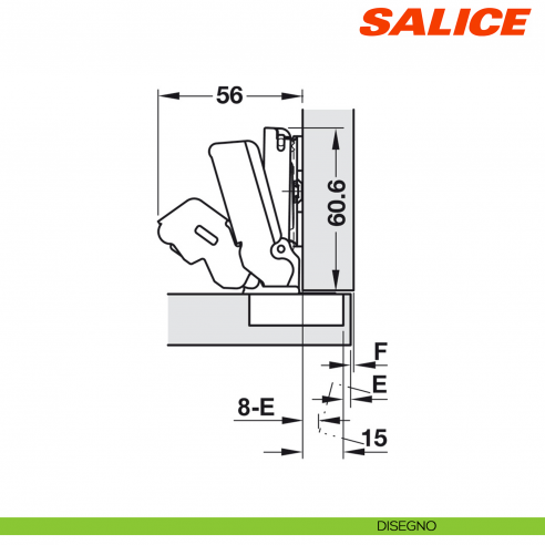 Cerniera Salice C2AKAE9 Silentia+ apertura 155 gradi collo 0 forti spessori ammortizzata - disegno