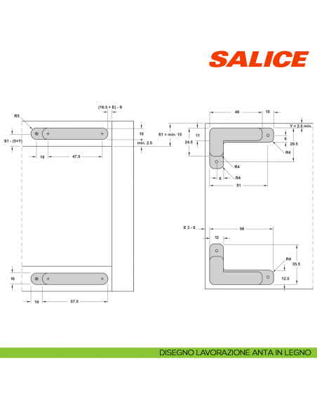 Cerniera invisibile Salice Air ammortizzata CEL6XE6XXV apertura 105 gradi finitura titanio - lavorazione anta in legno