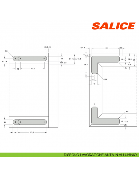 Cerniera invisibile Salice Air ammortizzata CEL6XE6XXV apertura 105 gradi finitura titanio - lavorazione anta in alluminio