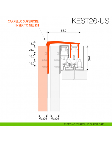Kit anta esterna Gap Italia Usual spessore 26 mm per armadi e scorrevoli sovrapposti - carrello superiore