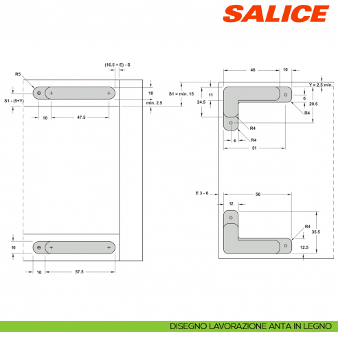 Cerniera invisibile Salice Air Push CELPX66XXV apertura 105 gradi finitura titanio - lavorazione anta in legno