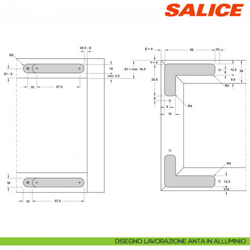 Cerniera invisibile Salice Air Push CELPX66XXV apertura 105 gradi finitura titanio - lavorazione anta in alluminio