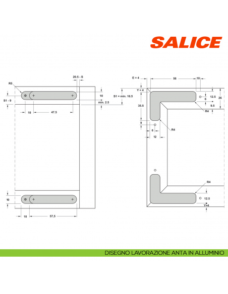 Cerniera invisibile Salice Air Push CELPX66XXV apertura 105 gradi finitura titanio - lavorazione anta in alluminio